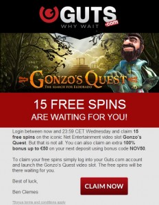 guts 15 freespins gonzo quest