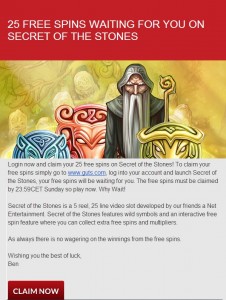guts 25 free spins on secret of the stones
