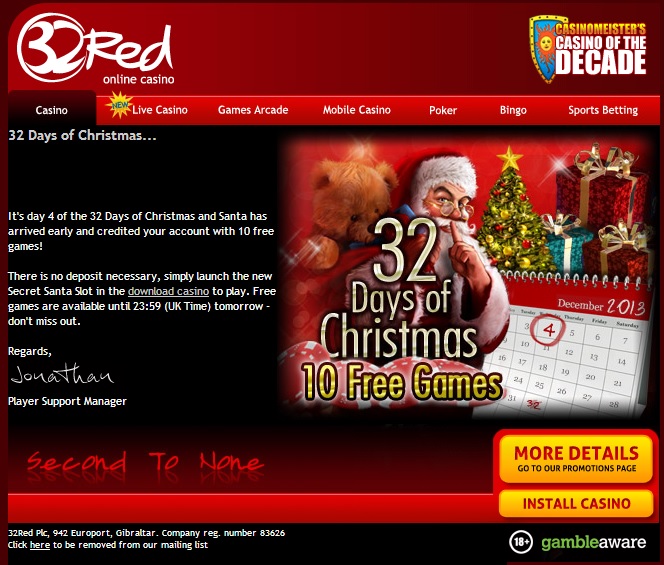 32Red Casino 10 Free Spins On Secret Santa Slot