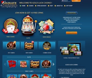 Gold Luck Casino lobby and 10 spins promotion
