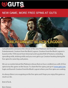 Free Spins On Creature from the Black Lagoon at Guts Casino