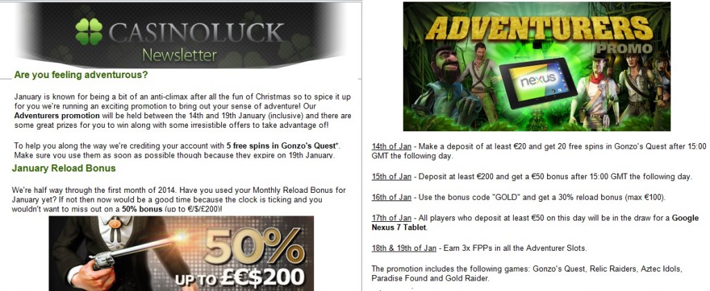 CasinoLuck 5 Free Spins Gonzo's Quest and Adventures Promotion
